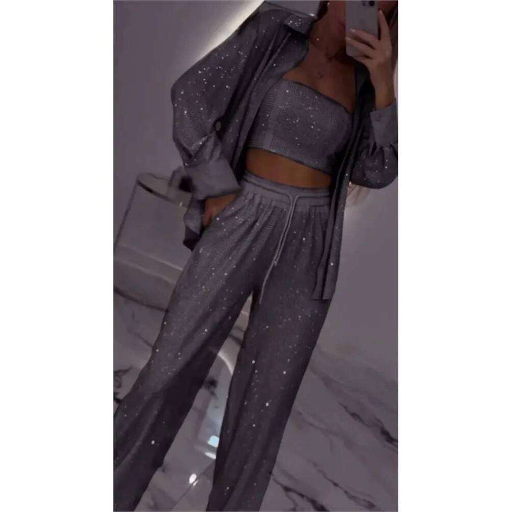 2025 Spring New Fashion Sequin Women 3 Piece Sets Elegant Club Party Multi-color Outfit Casual Lapel Shirt Wide Leg Pant Set