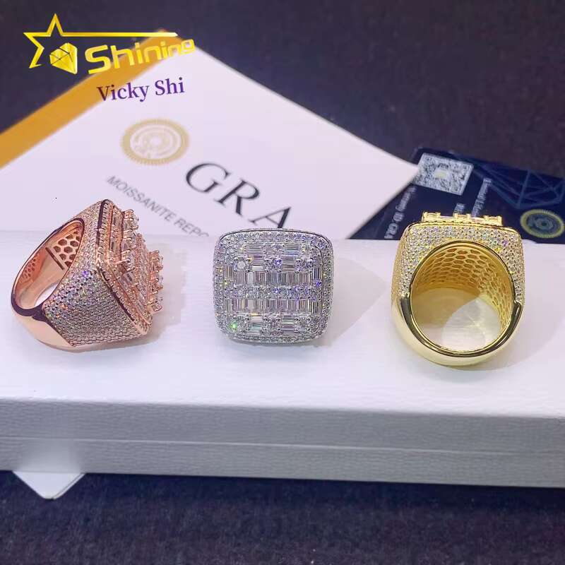 GRA Certificated 925 Solid Silver Gold Plated VVS Baguette Diamond Moissanite Custom Men Hip Hop Rings