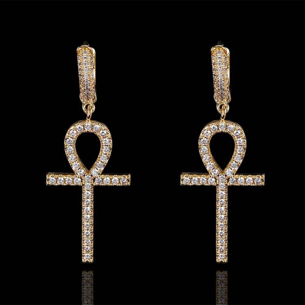 New hip hop Earrings Anhe key Cross Earrings mens and womens Micro set zircon personalized Anka Earrings moissanite