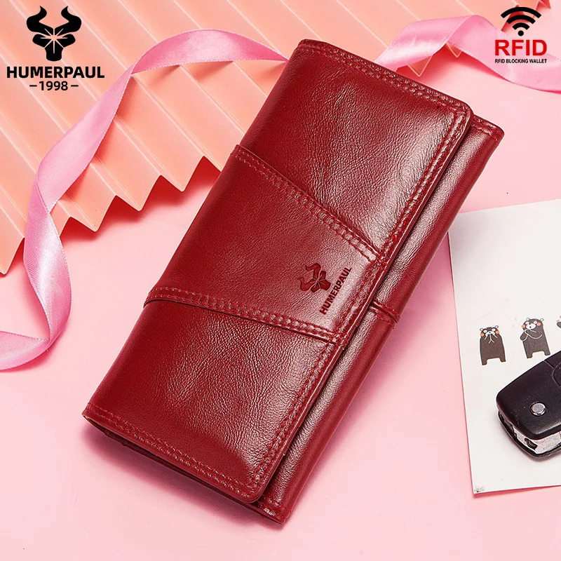 HUMERPAUL Womens Wallet Top Layer Leather Multicard Clutch Cell Phone Money Bag Fashion Ladies Card Holder Cartera Mujer Red 250605
