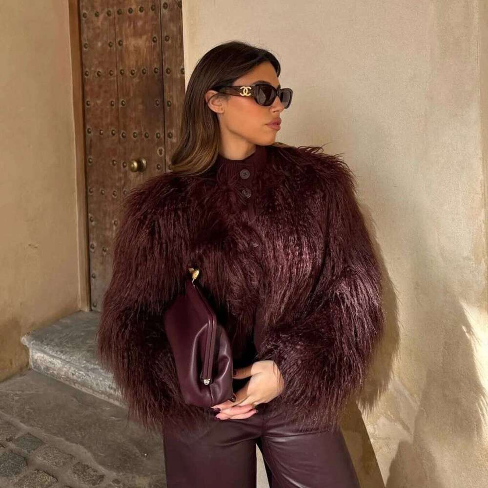 PB&ZA Women's 2024 Autumn/Winter New Collection Knitted Stand up Collar Artificial Fur Effect Maillard Short Jacket