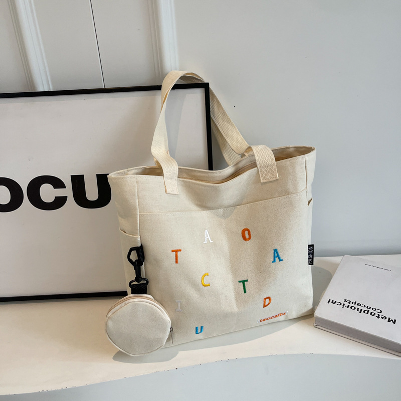 designer Large Capacity Canvas Bag for Women 2025 New Trendy Embroidered Letter Handbag Fresh Style Student Shoulder Tote Bag