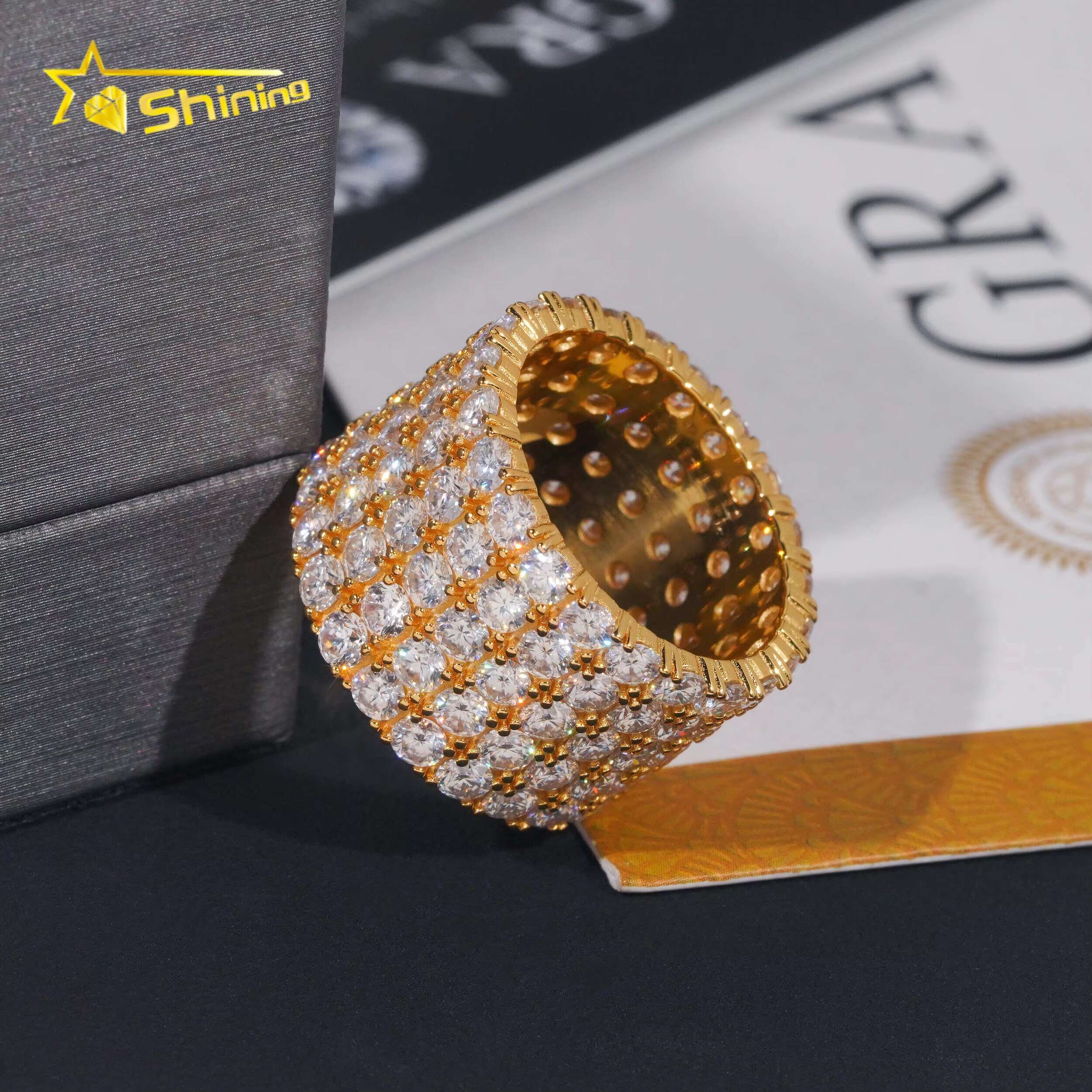 Fine Jewelry GRA 14K 18K Gold Plated Solid 925 Sterling Silver Iced Out Diamond Moissanite Fully Iced 5 Rows Eternity Band Ring