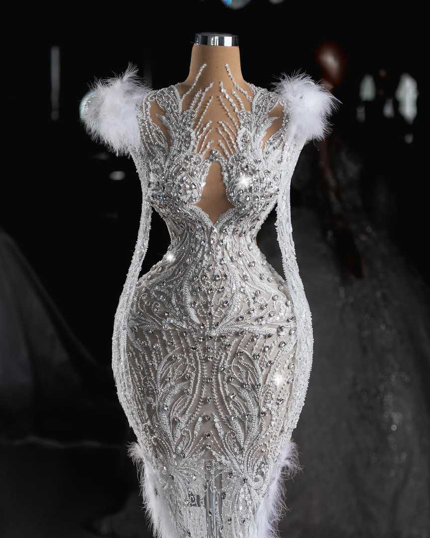 African Mermaid Wedding Dresses Luxury Crystal Beading Feather Bridal Gowns Customized Long Sleeve Pleats Vestio De Novia