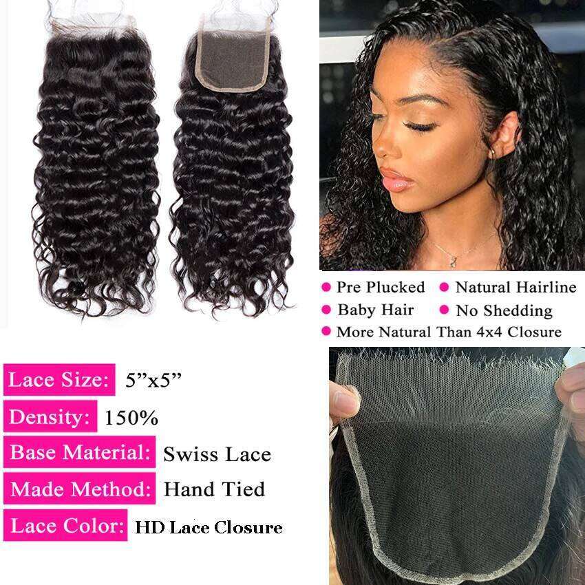 Alibele 5x5 HD Malaysia Water Wave Weave Human Hair Bundles With 4x4 Lace Closure
