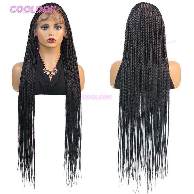 Cornrow Synthetic For Black Women 36" Full Lace Wig Braid African Knotless Box Braids Hair Braided Wigs
