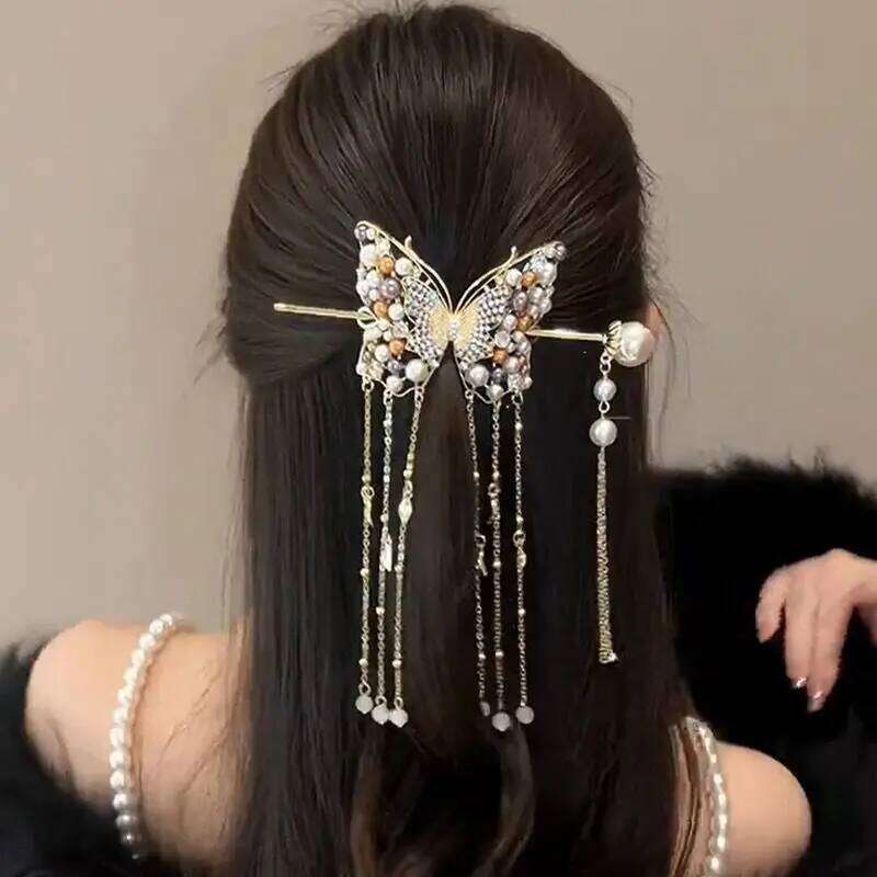 Women Fashion Colored Pearls Butterfly Alloy Hairpin Ladies Clip Tassels Party Sticks Elegant Hair Accessories