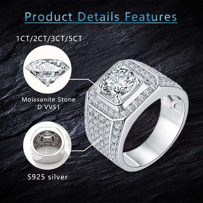 Silver Ring 925 Man 1CT 2CT 3CT 5CT Moissanite Men Ring Def Vvs Top Quality Original Silver 925 Stone Rings for Men