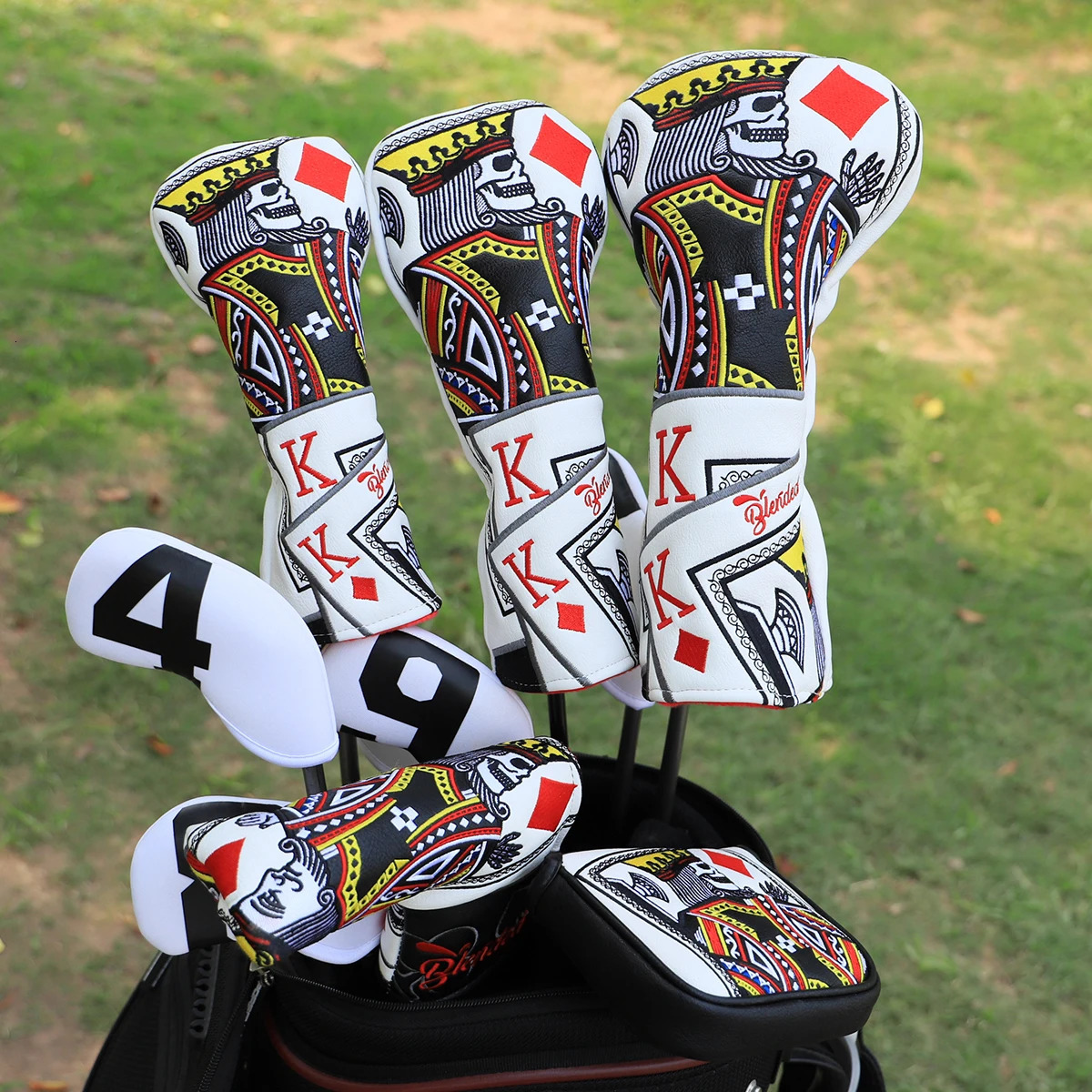 Lucky K High Qaulity Embroidery Golf Driver Fairway Hybrid Head Covers Black Premium Leather Wood Covers Blade Mallet Putter 250603