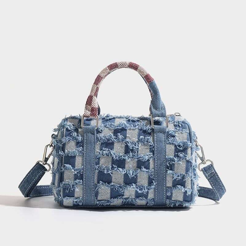 2025 Autumn Winter New Niche Cute Cartoon Stitch Denim Ripped Plaid Patchwork Crossbody Handbag Pillow Bag