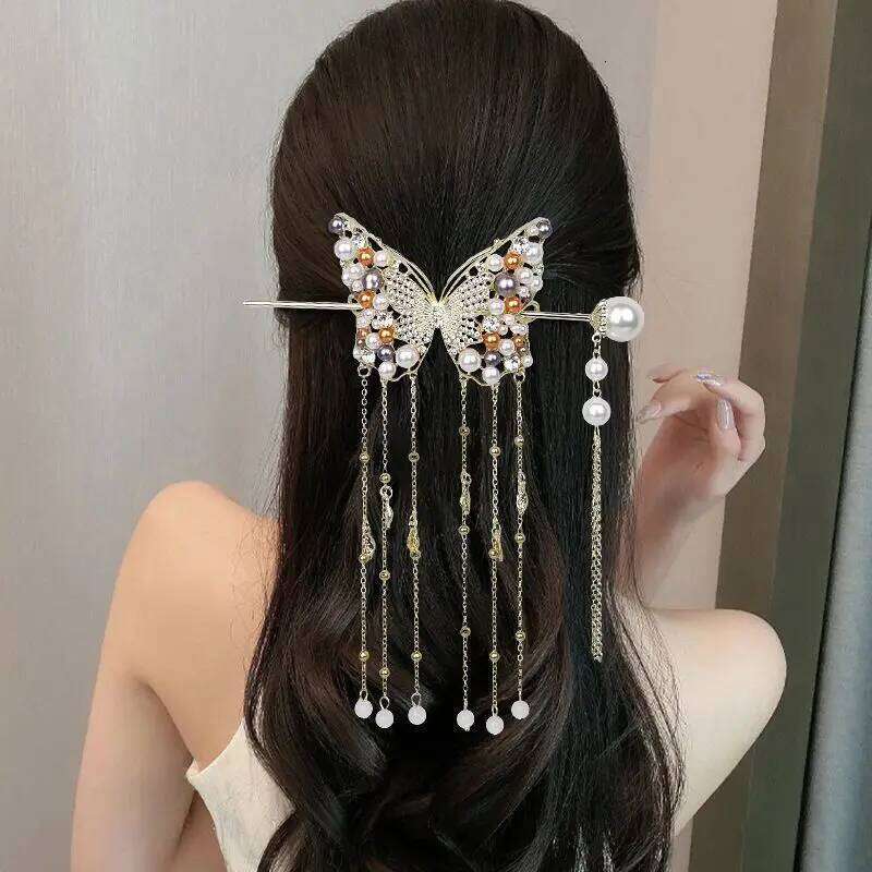 Women Fashion Colored Pearls Butterfly Alloy Hairpin Ladies Clip Tassels Party Sticks Elegant Hair Accessories