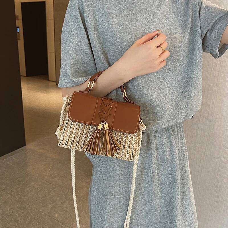 MOODS Straw Beach For Women Summer New Designer Handbags Hit Color Tassels Shoulder Crossbody Box Bag Sac A Main