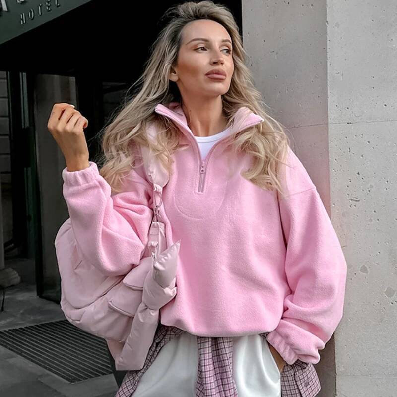 Zipped Pink Sweatshirt Woman Fashion Pullover Oversized Hoodie Y2k Street Style Women Fleece Winter Coats Jackets