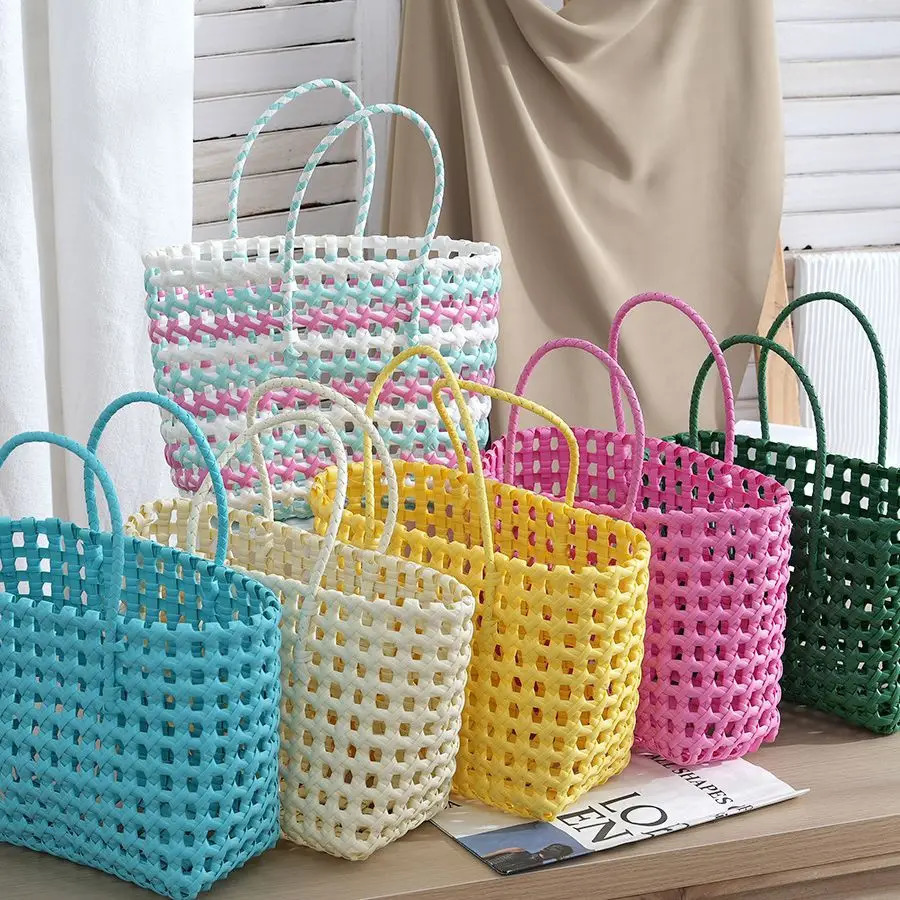 Plastic Woven Hollow Tote Bag Beach-Ready Handbag Lightweight Womens Boho Braided Purse with Eco-Friendly Material 250604