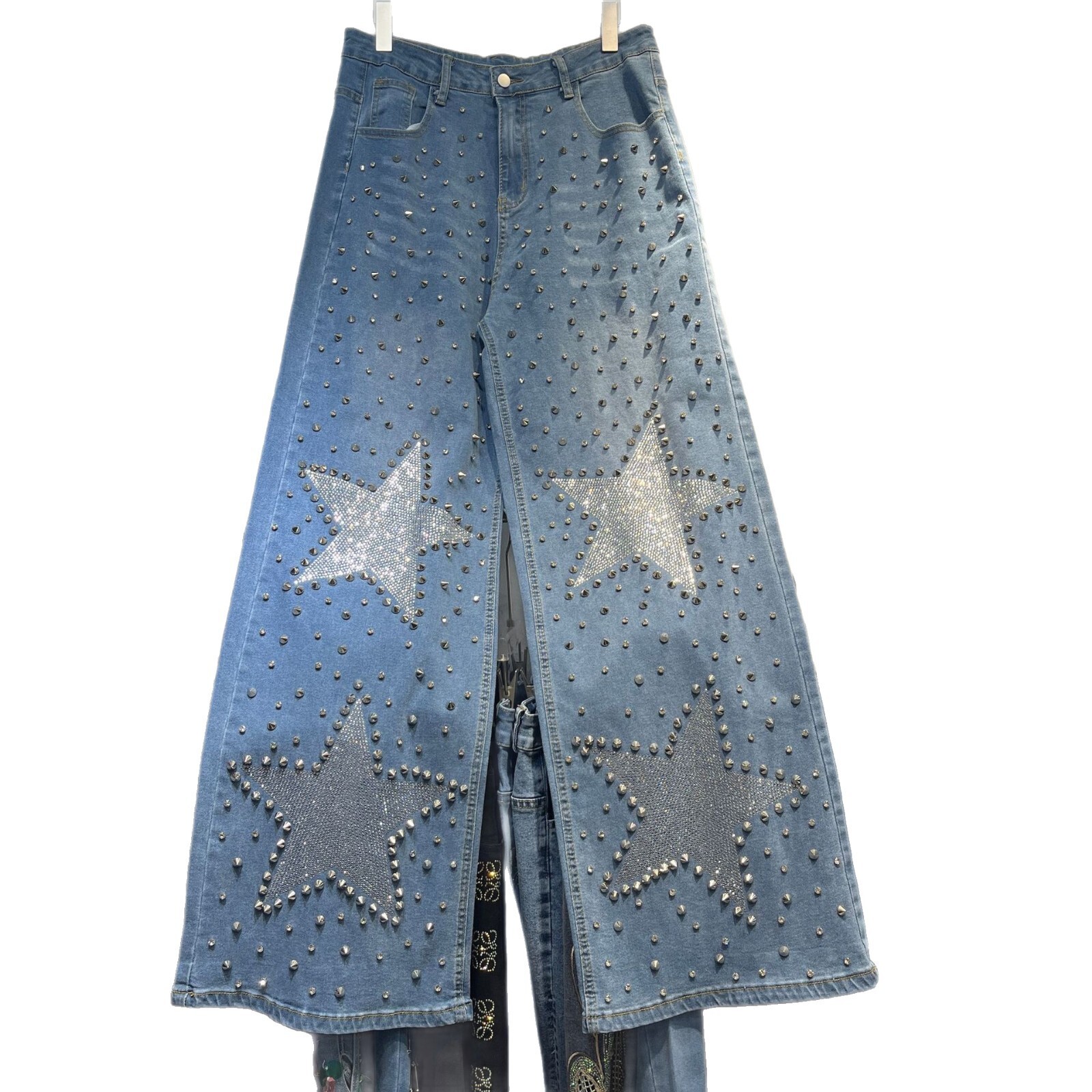 2025 Spring/Summer New Women's Pants, Retro Heavy Craft Water Diamond Women's Jeans, Spring/Summer Korean High Waist Slimming Designer Strai