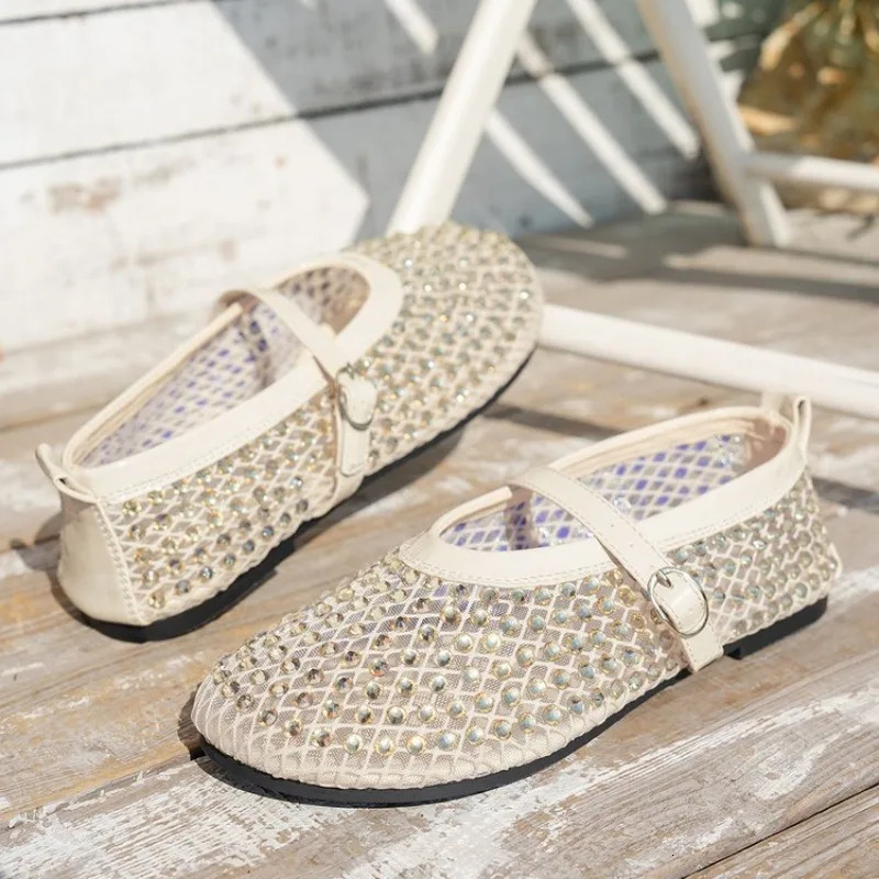 Mesh Breathable Rhinestone Fashion Versatile Womens Foreign Style Niche Belt Flat Soft Soled Mary Jane Shoes Womens Shoes 250603