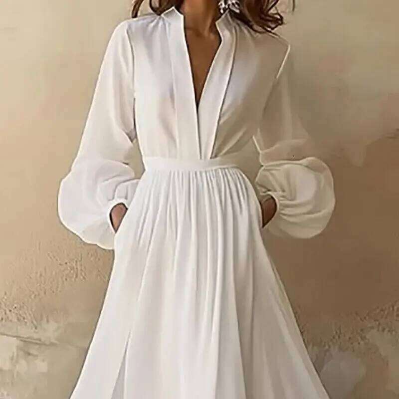 White Sexy Deep V Sleeve Party Vintage Women Casual A-Line Long Dress Vestidos Bohemian Dresses Woman Clothing