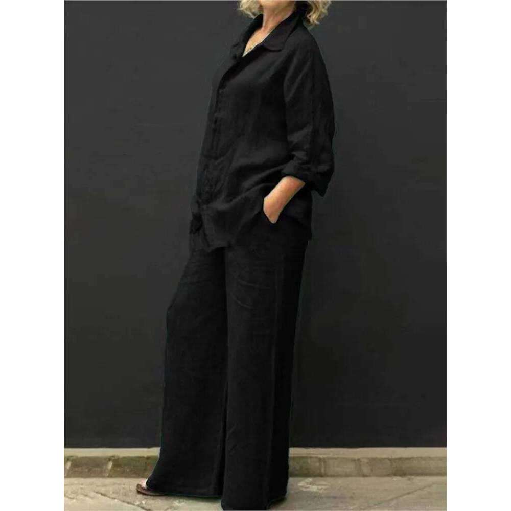 Linen Lapel Two Pieces Set Autumn Vintage Solid Color Long Sleeve Button Shirt Blouse Women's Casual Loose Straight Pants Suits
