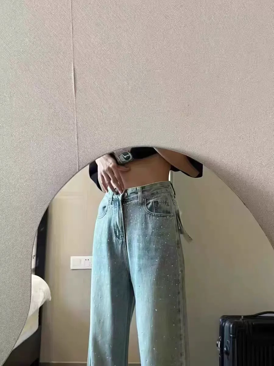 2025 Spring/Summer New Women's Pants Retro Light Color Diamond Adorned Straight leg Women's Jeans New High Waist Slimming Designer Casual Wi