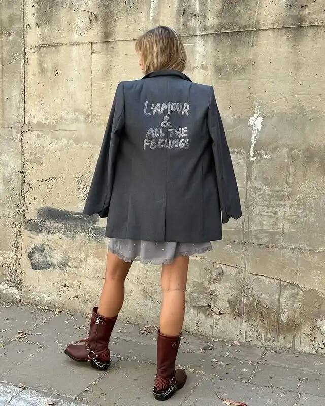 Embellished Rhinestone Blazer Grey Button Fastening Pockets Long Sleeve Autumn Winter Jacket Women