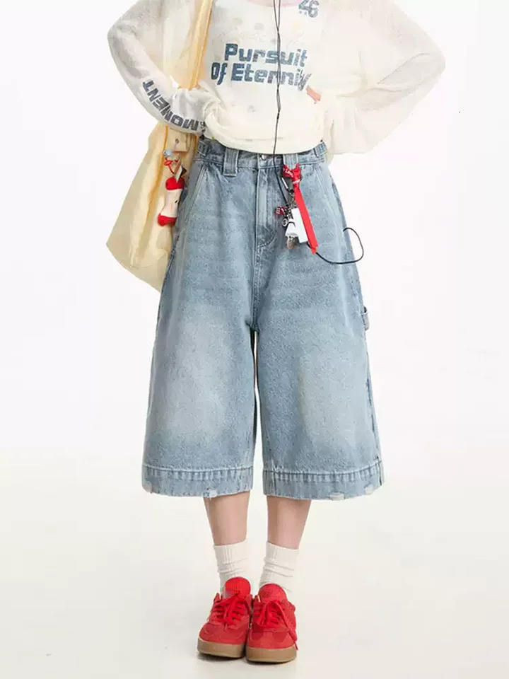 Y2K Street Vintage Washed Cat Whiskered Style Wide Leg Bermuda Jeans Knee Length Denim Jorts Casual Shorts Cropped Trousers 250604