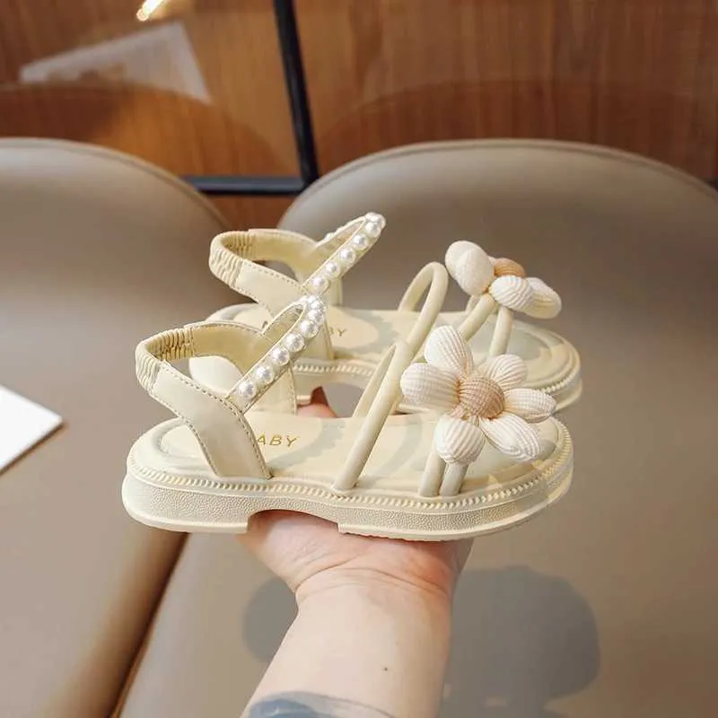 Sandals Childrens Girls Fashion Flower Pearl Sandals 2024 Summer Princess Breathable Non-Slip Sandals Flat Beach Soft Shoes for Kids z250708U378