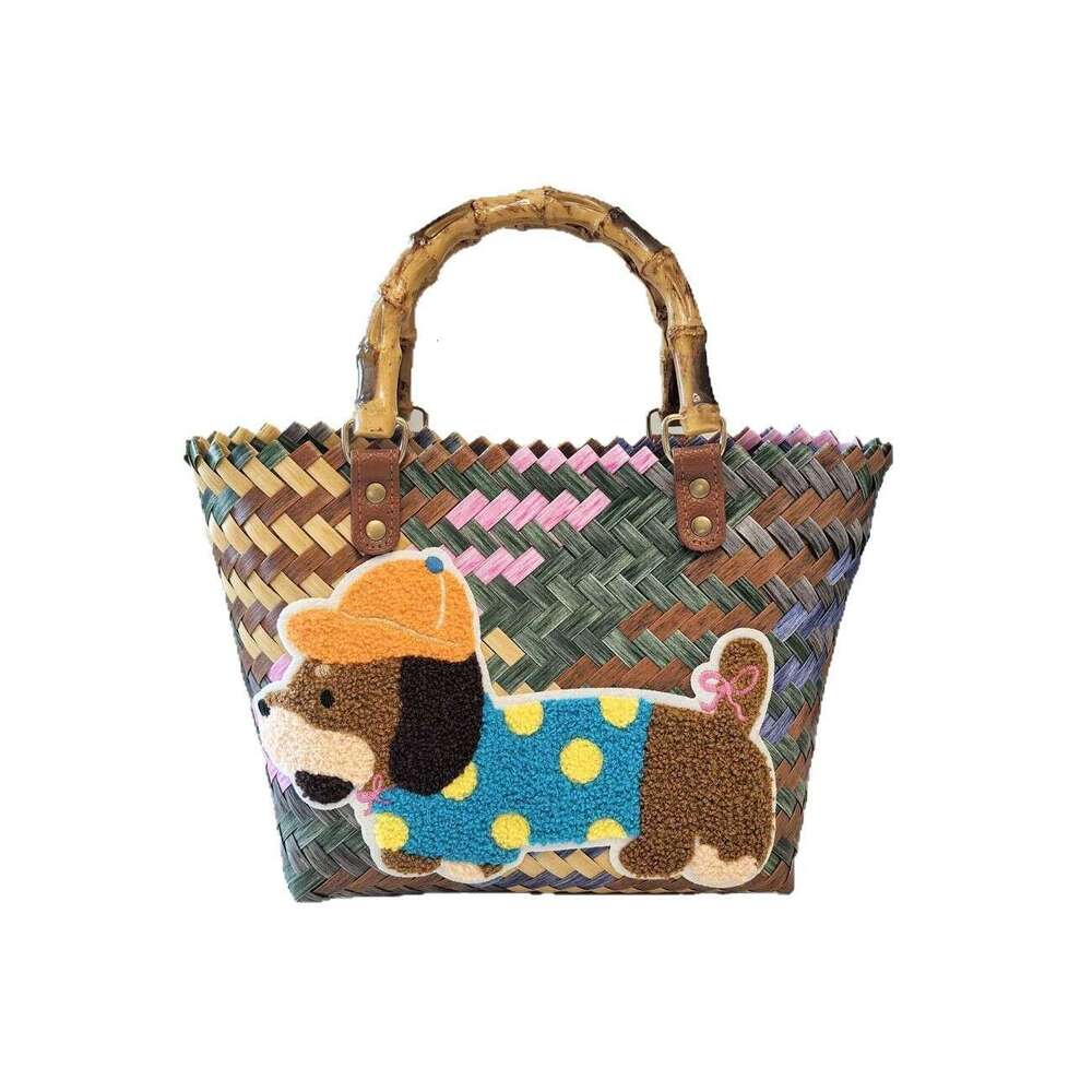 Large Capacity Dachshund Handwoven Vegetable Basket Rattan Handbag Office Sundries Small Tote Picnic Women's Bag