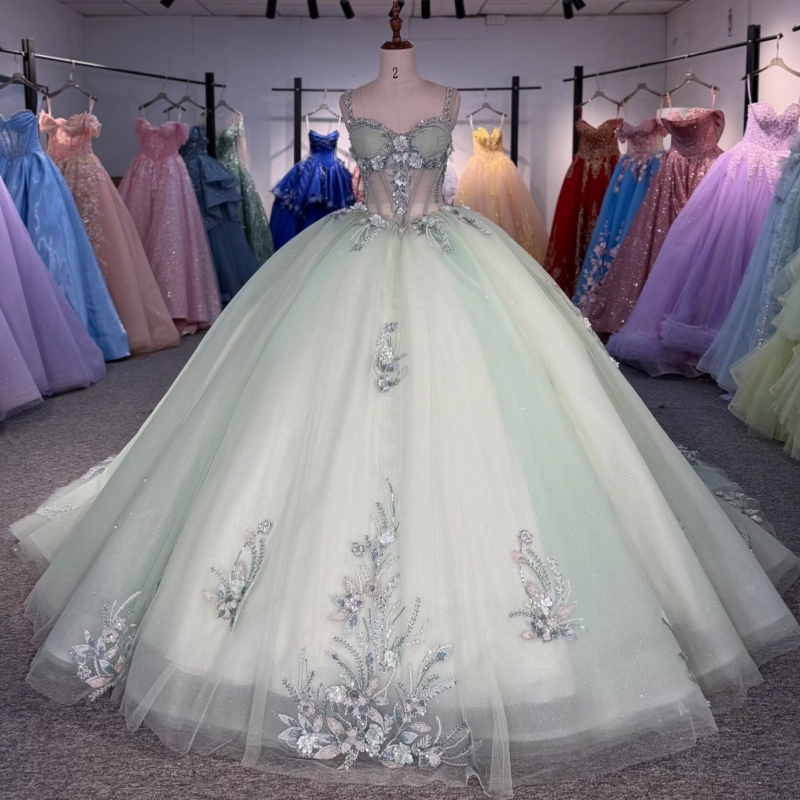 Light Green Shiny Off The Shoulder Ball Gown Quinceanera Dresses Appliques Lace Beading Crystal Tull Sweet 16 Dress vestidos 15 Anos