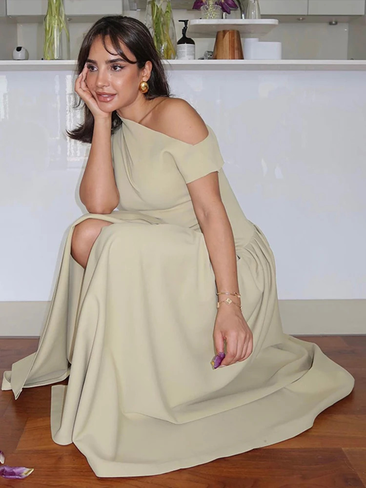 Summer Womens Dress Sexy Inclined Shoulder Front Slit Ruched Long Female Solid Slim Party Clubwear Dresses 250604