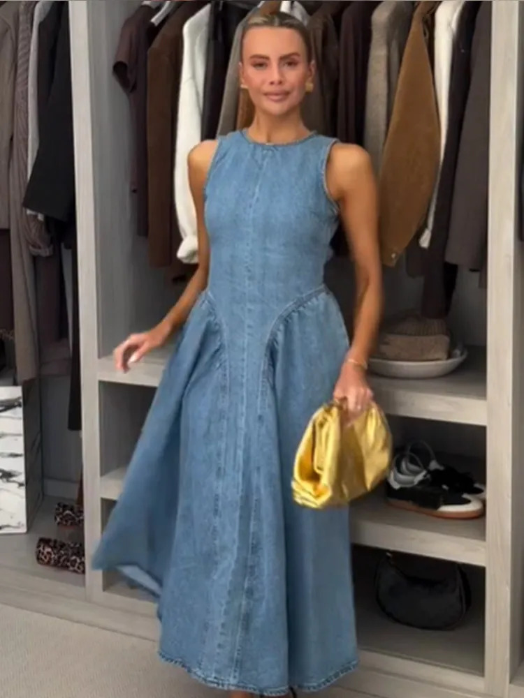 Women Blue Denim Pleated High Waist Aline Long Dress Sexy Backless Sleeveless Laceup Vestidos Elegant Street Party Dresses 250526