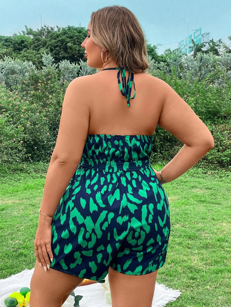 Plus Size Womens Streamlined Big Size Backless Neck Halter Jumpsuit Loose Casual Jumpsuit Summer Style 250603