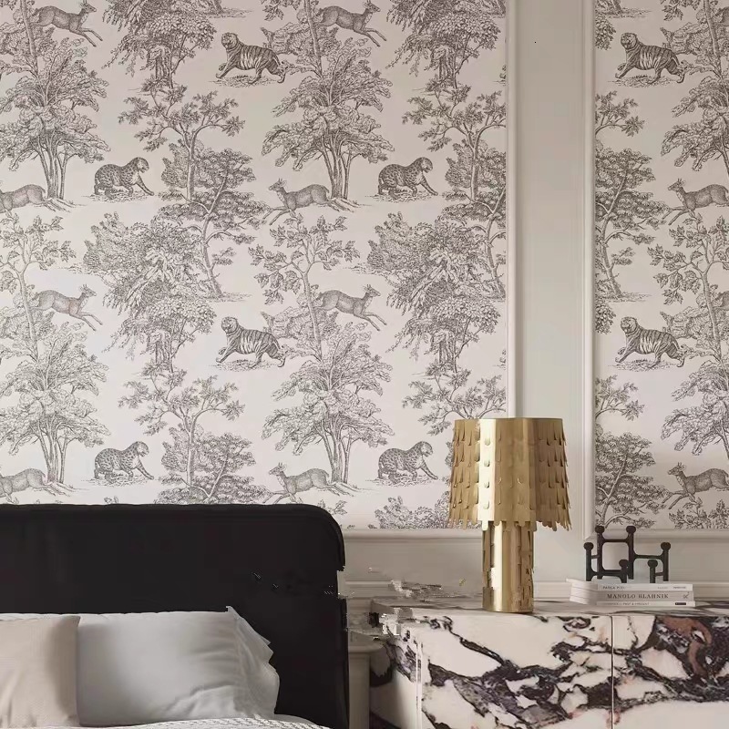 French Wallpaper Bedroom Background Wall Forest Animals Light Luxury Living Room Entrance Self-Adhesive Wall Cloth Homestay Mural