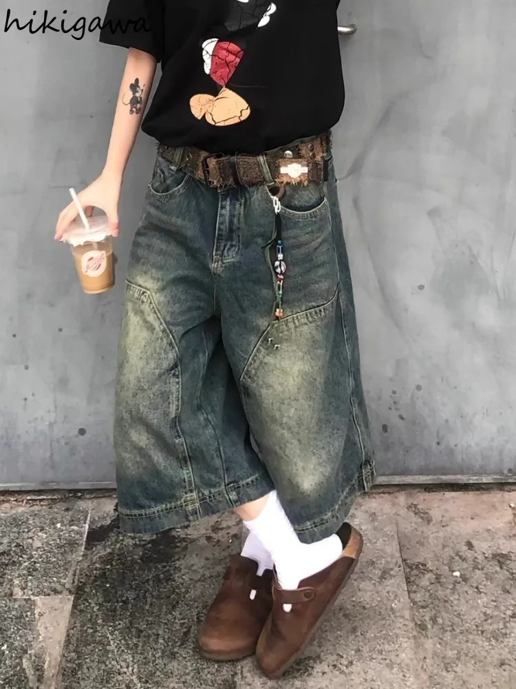 Streetwear BF Blue Jeans Women Vintage Summer Y2k Shorts Wide Leg Pants High Waist Straight Casual Denim Trousers Womens Pants 250604