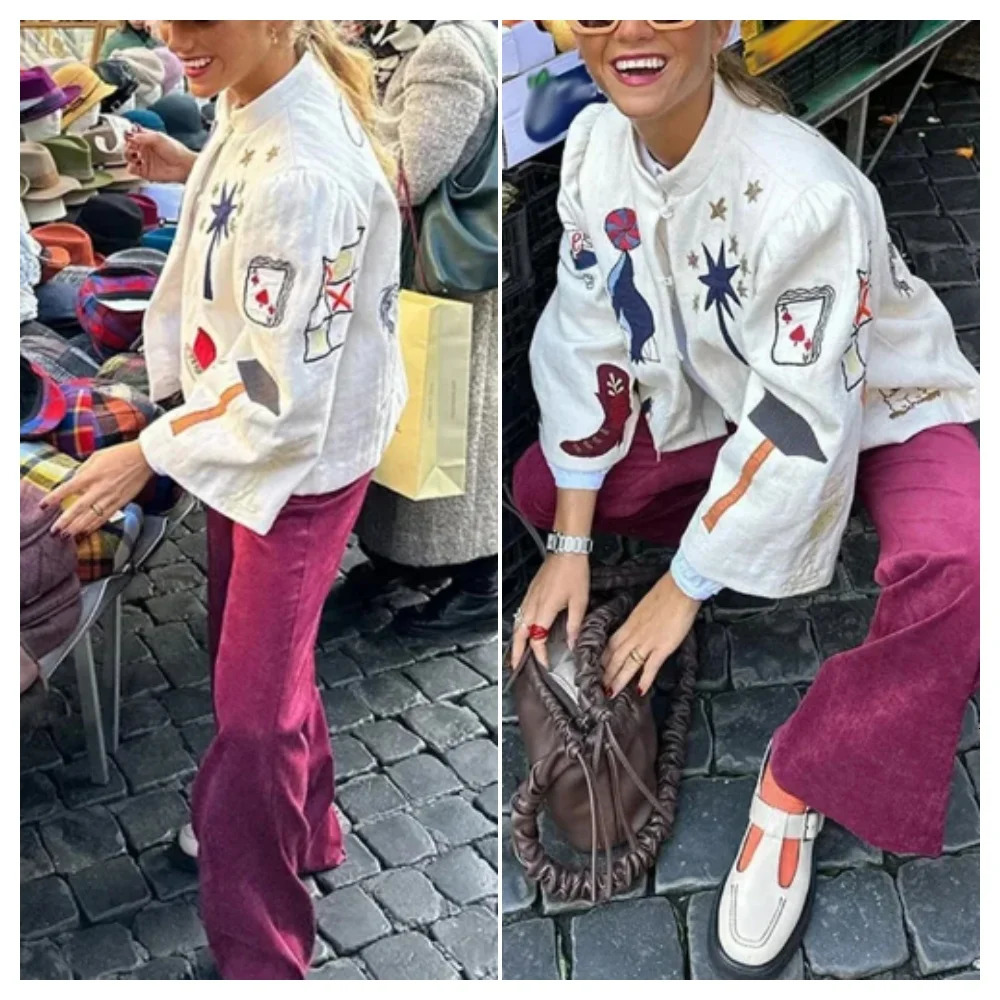 Spring and Autumn Cartoon Print Baseball Ladies Simple Round Neck Single Breasted Casual Long Sleeve Jacket Coat 250604