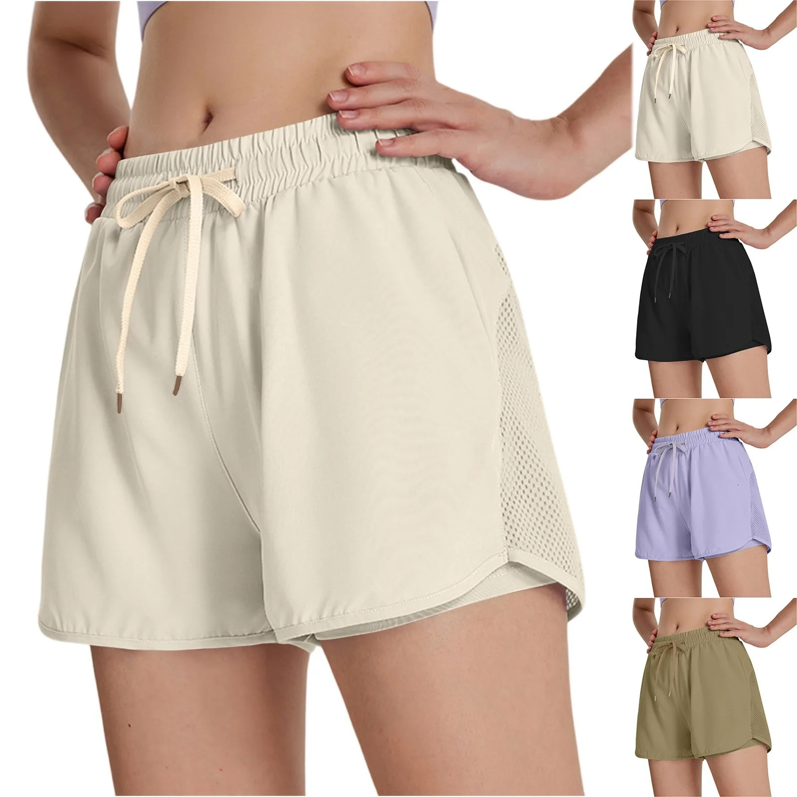Womens Summer Sports Shorts with Pockets Solid Color Laceup Fitness Short Pants Quickdrying Breathable Running Shorts 250604