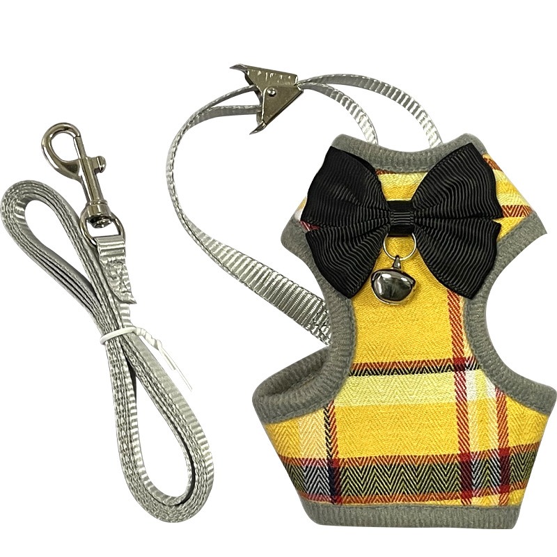 Plaid Pet Harness Leash Set Anti-Break Breathable Cat Dog Vest Harness with Bow Bell for Outdoor Walking