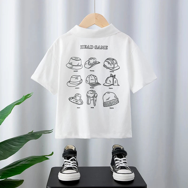 Kids Short Sleeve Polo Shirts White Black with Hat - themed Prints 250604