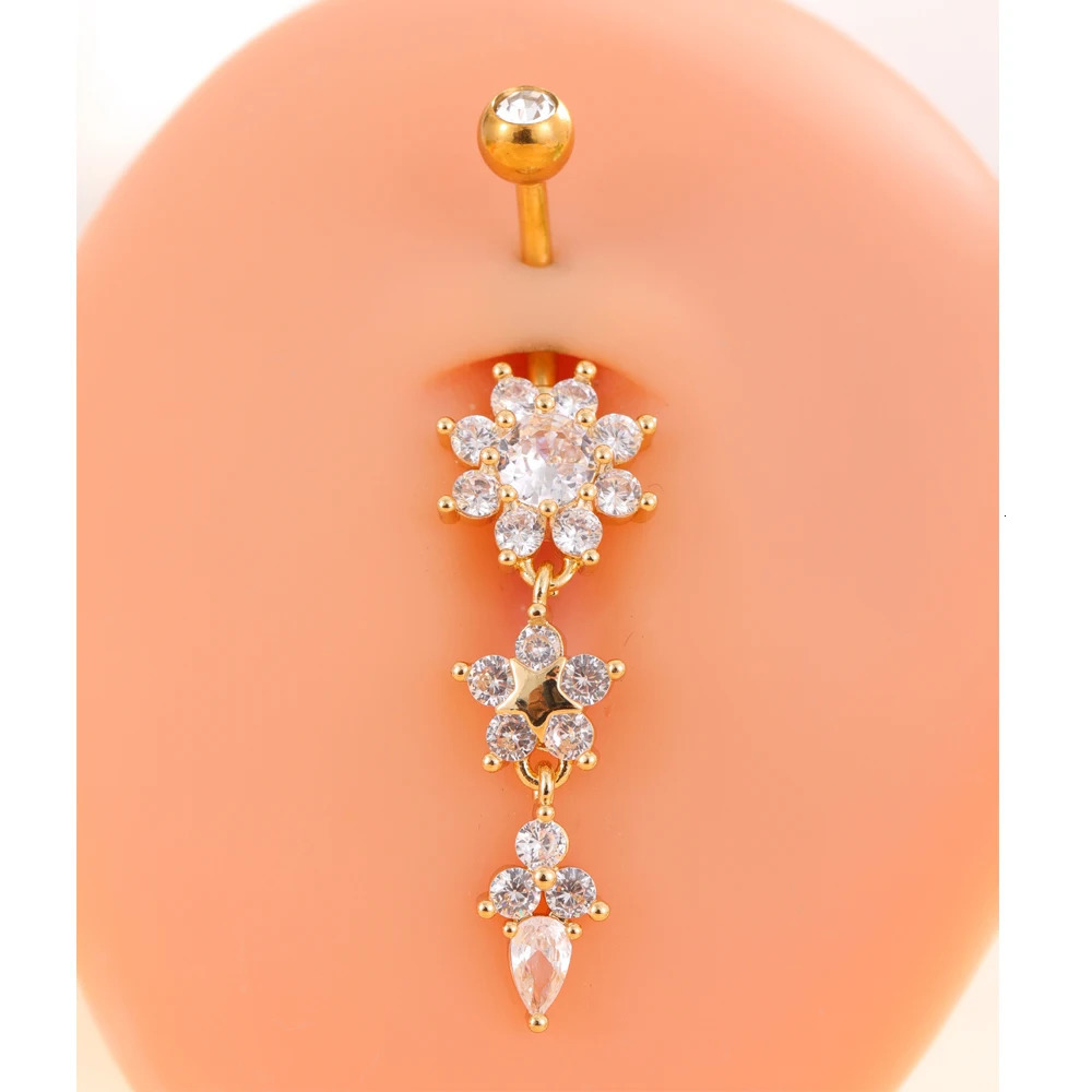 6pcs Gold Color Heart Butterfly Flower Belly Button Rings Sets 14g Curved Long Dangled Belly Piercing Stainless Steel Navel Ring 250530