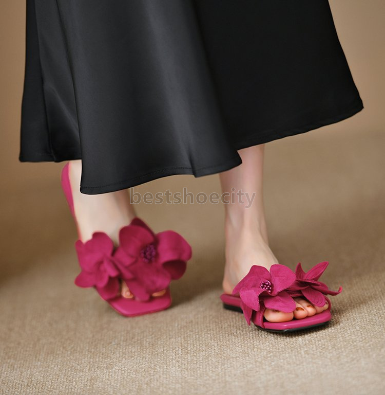 designer sandals women floral slides flats heels square-toed womens slippers luxury black fuchsia leather fashion vintage open toe lazy shoes