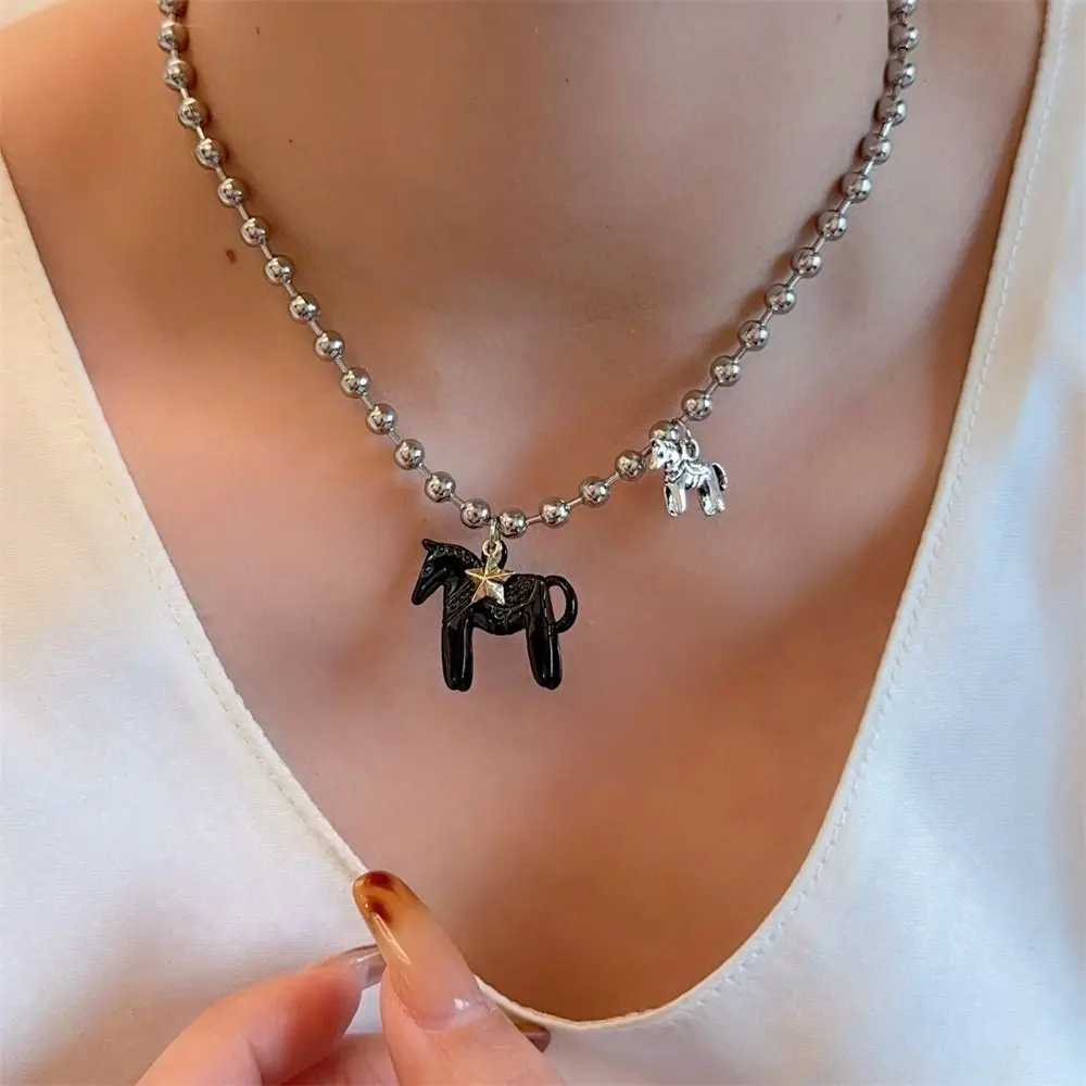 Funny Silver Plated Horse Pendant Necklace Alloy Black Choker Necklace White Hot Pink Enamel Pendant Necklace Beads Neck Chain XJ250604