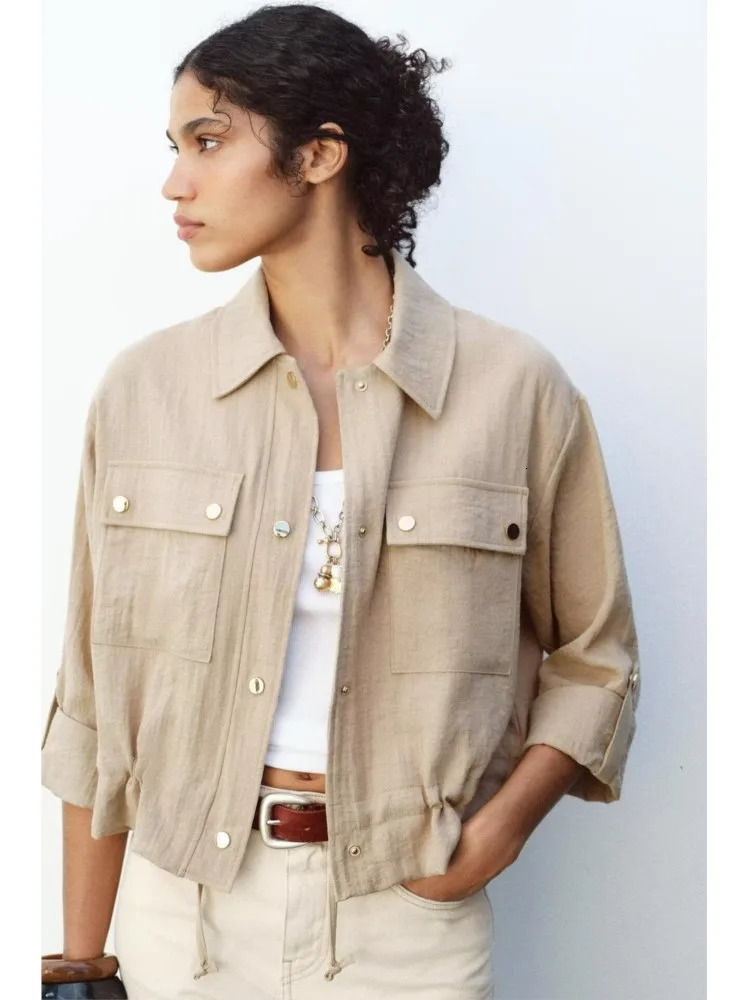TRAF Women Cropped Jacket Casual Adjustable Long Sleeves with Tabs Womens Button Lady Coats Female Jackets 250604