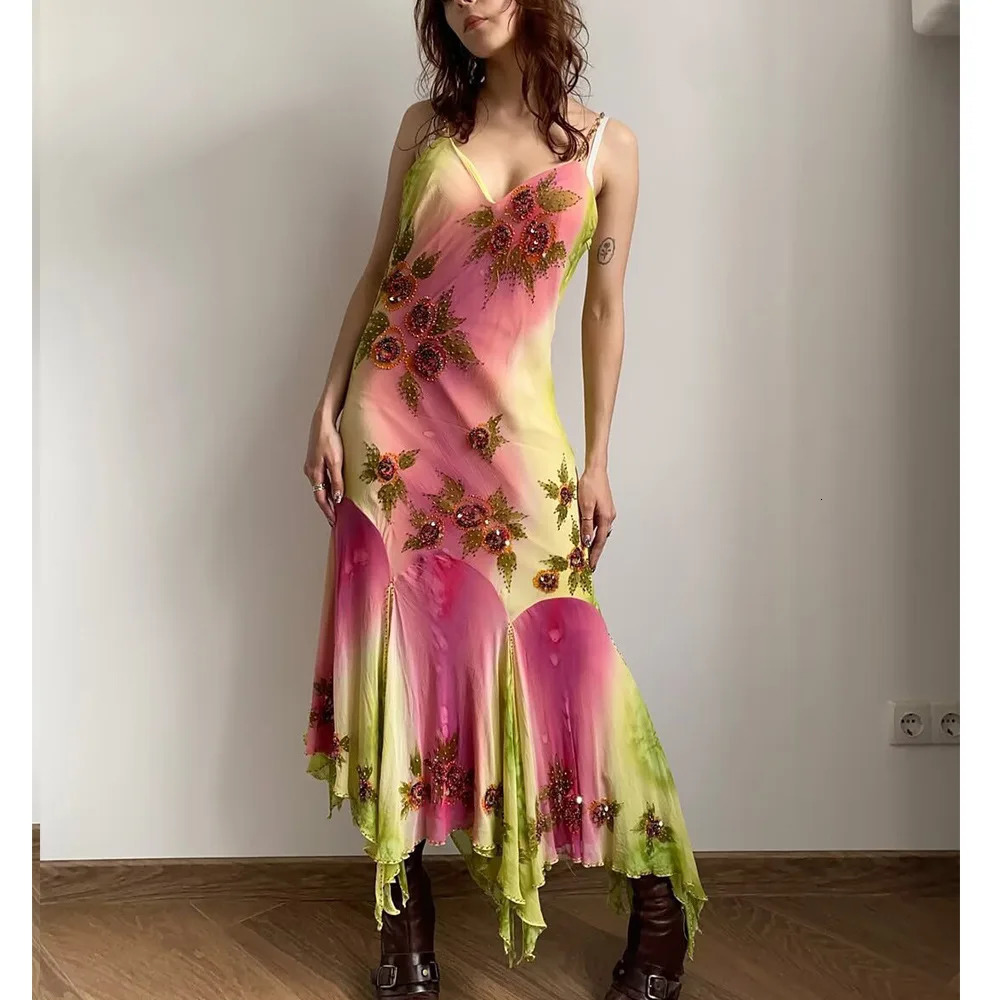 VEITCHE Summer Arrival Women Sexy Printed Ruffled Irregular Long Dress Off Shoulder V Neck Sleeveless Female Dresses 250604