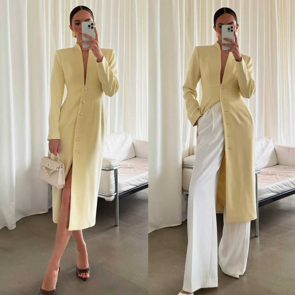 Bright Yellow Women Blazer Dress V Neck Ladies Formal Wear Prom Birthday Party Customized Long Jacket Outfits One Piece