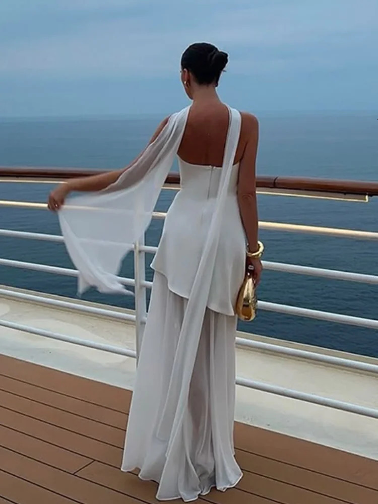 Elegant White Gauze Off Shoulder Long Dress Women Fashion Sleeveless Backless Aline Dresses Lady Vocation Beach Robes 250604