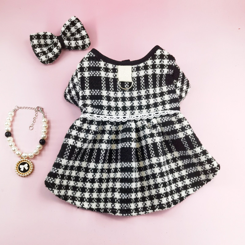 Dog Dress, Luxury Bow Princess Dresses for Girl Dogs Cute Fashion Plaid Pet Skirt with Necklace Hairpin Flower, Cat Puppy Clothes Wedding Party Outfit