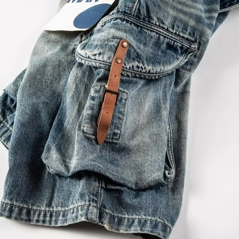 Heavy Vintage Jean Shorts Men Summer American Washed Hole Leather Loose Side Pock Riding Denim Shorts Mens Cargo Pants 250529