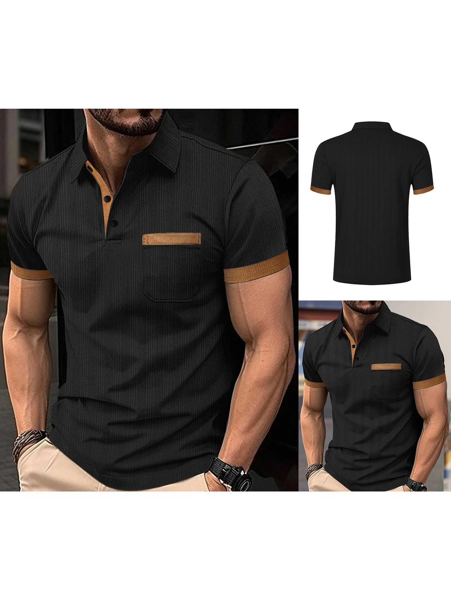Mens Summer Lapel T-Shirt with Stylish Contrast Colors and Short Sleeves - Perfect for Beach Vacations and Streetwear Fashion XJ250605