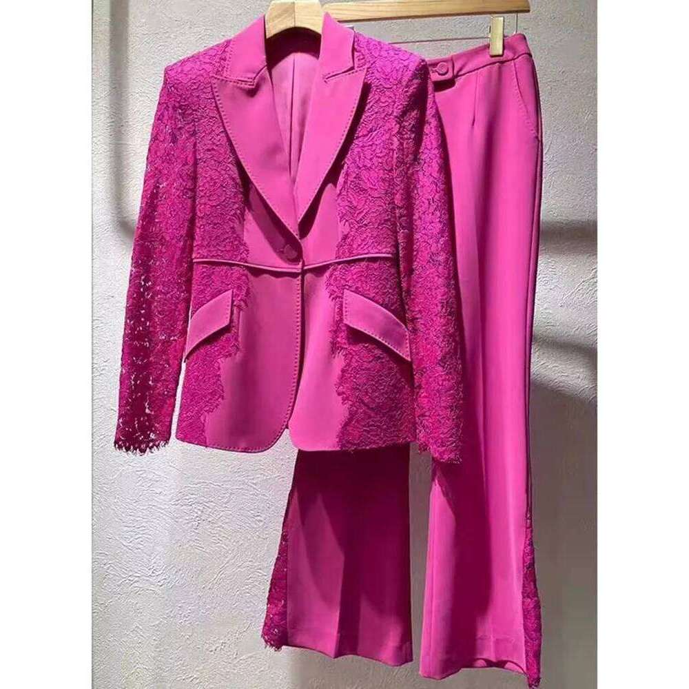 HIGH STREET Newest 2024 Runway Designer Suit Women's Lace Patchwork Single Button Blazer Flare Pants Set 2pcs