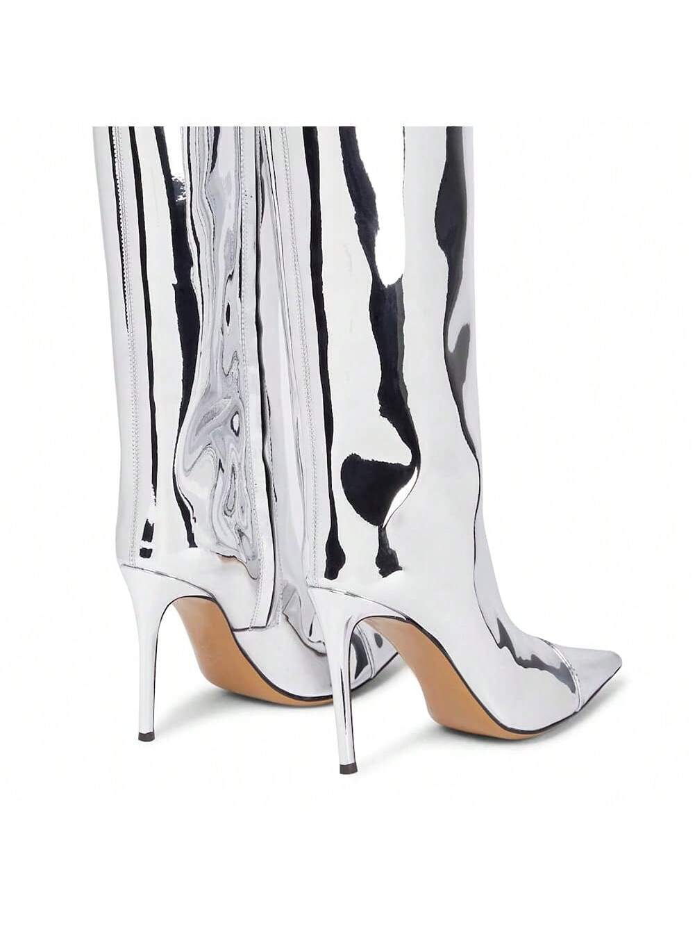 Arqa Metallic Boots for Women Pointed Toe High Stiletto Heel Knee High Boot Fashion Chrome Zipper Boot Dressy Party Shoes