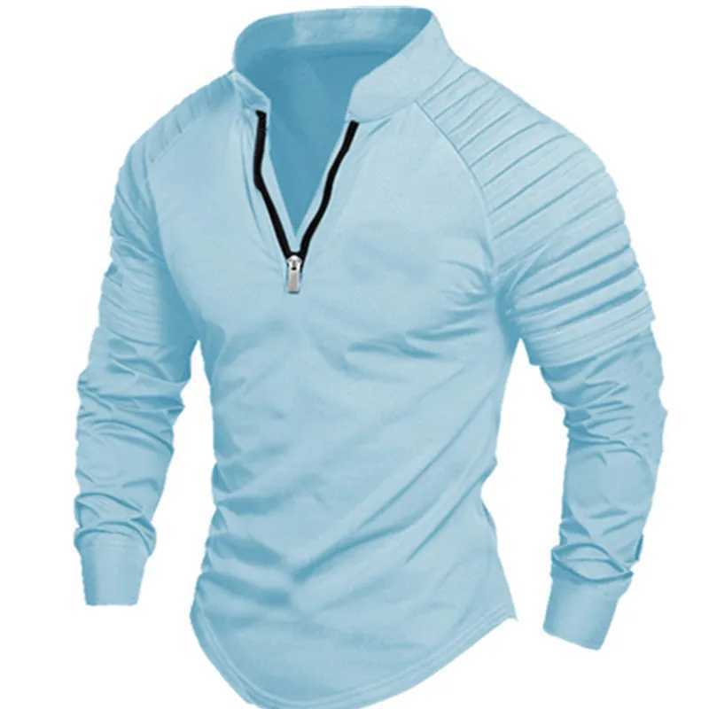 Mens Long-Sleeved Polo Shirt with Zipper Standing Collar Arm Pleats Solid Color Shirt Sports Casual Slim Fashion Mens Wear XJ250605